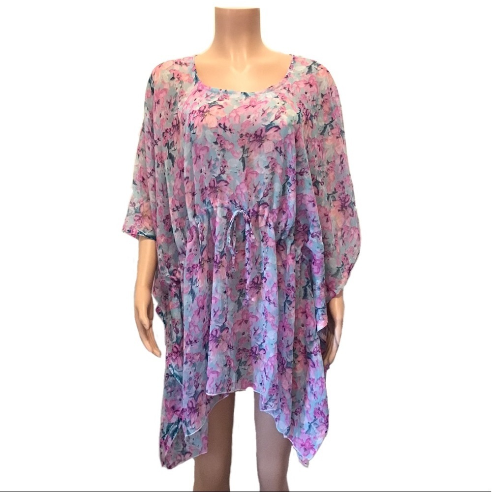 California Woman Lavender Floral Print Kaftan Top Swimsuit Cover Up Free Size